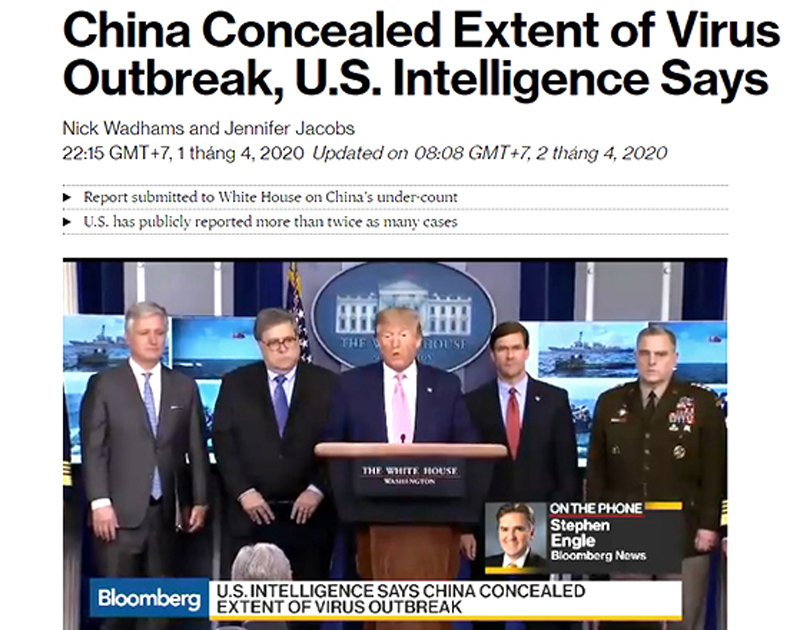 Ngày 1/4, tờ Bloomberg News đưa tin, các cơ quan tình báo Mỹ đã kết luận rằng ĐCSTQ đã che giấu tình hình thực sự của virus Corona Trung Quốc. 
